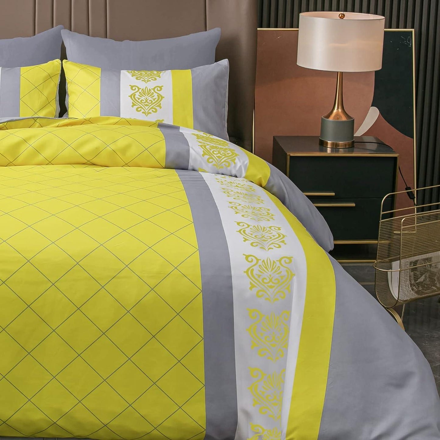 Lazzaro Duvet Cover Set-Bohemian (Yellow and Grey) - Pamposh