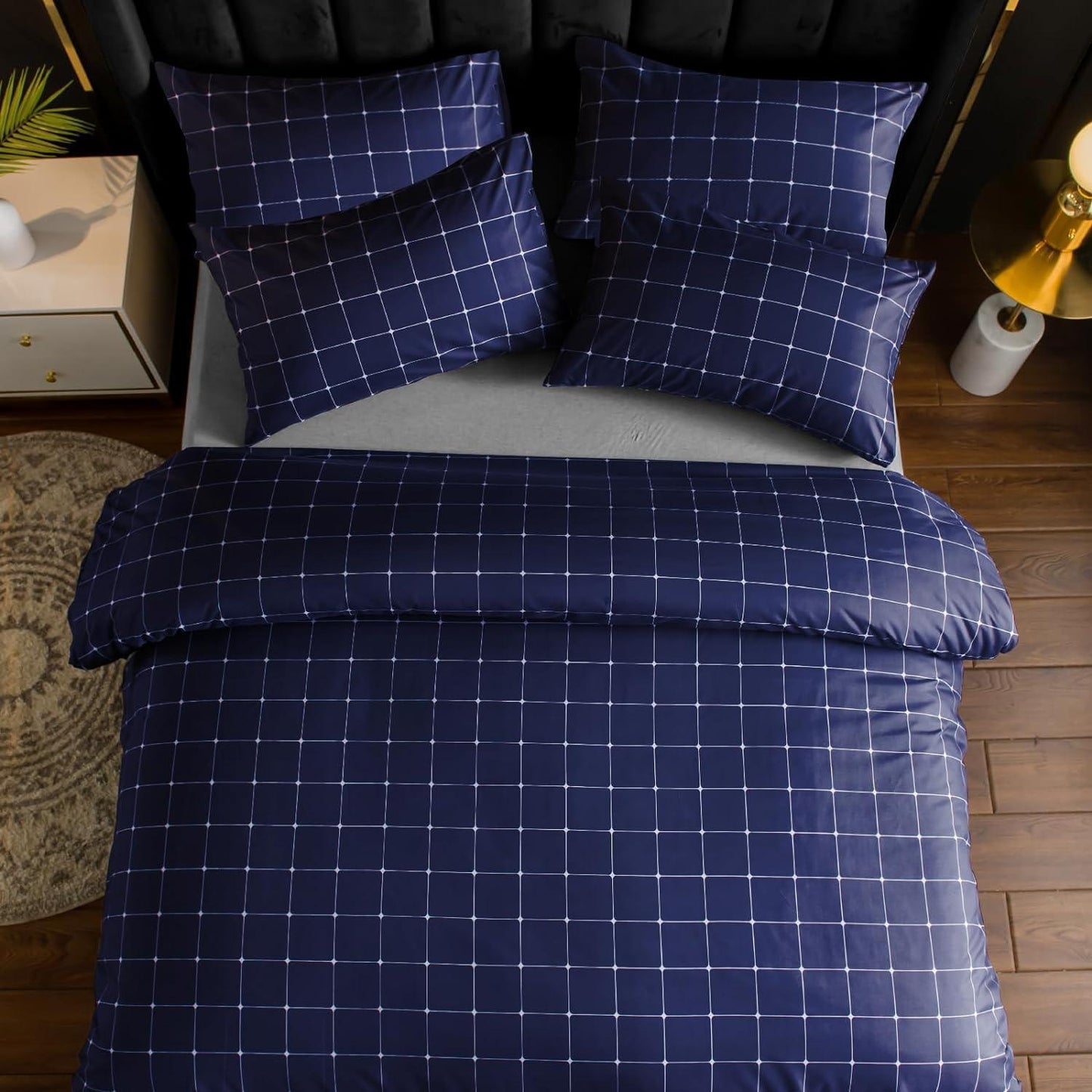 Lazzaro Duvet Cover Set-Checkered (Navy) - Pamposh