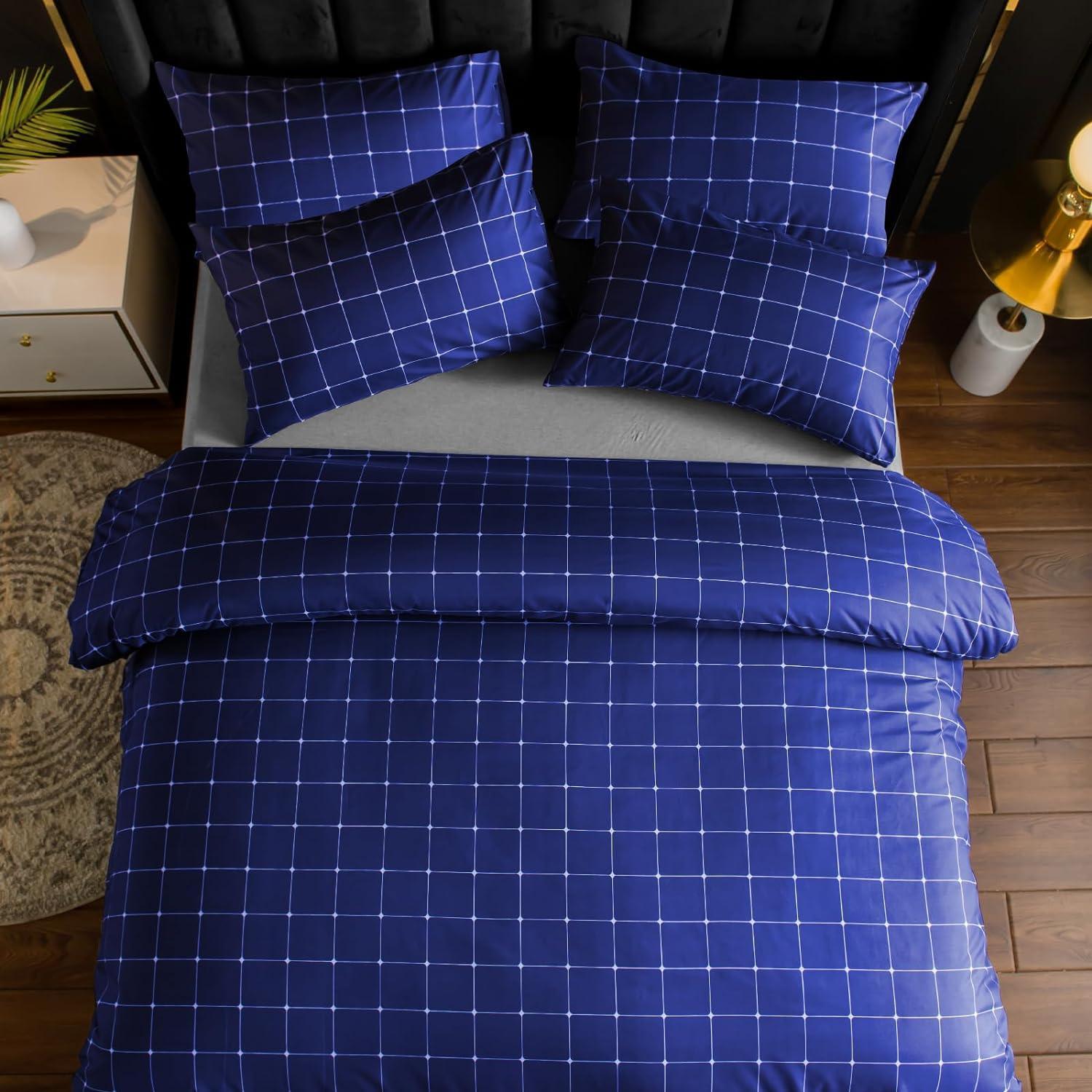 Lazzaro Duvet Cover Set-Checkered (Blue) - Pamposh