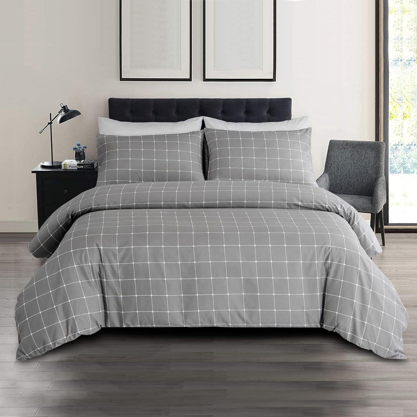 Lazzaro Duvet Cover Set-Checkered (Light Grey) - Pamposh