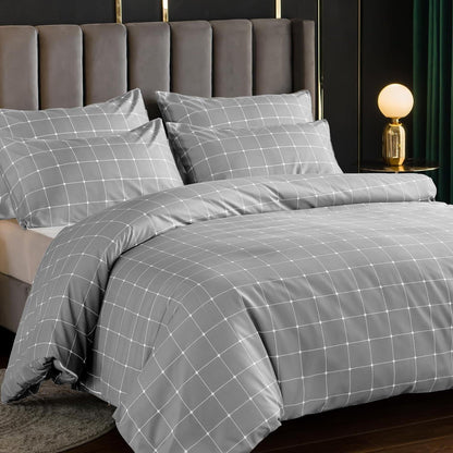 Lazzaro Duvet Cover Set-Checkered (Light Grey) - Pamposh