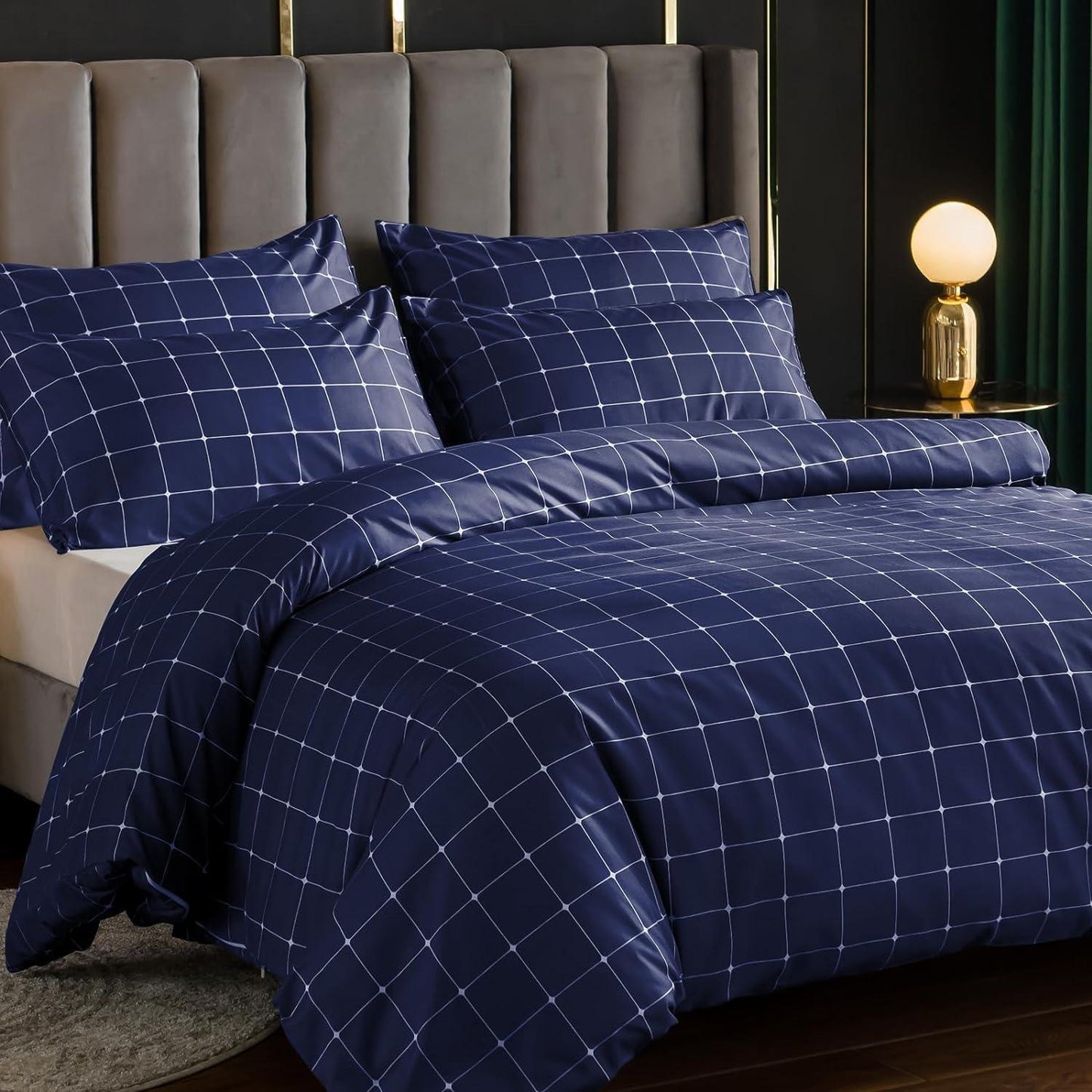 Lazzaro Duvet Cover Set-Checkered (Navy) - Pamposh