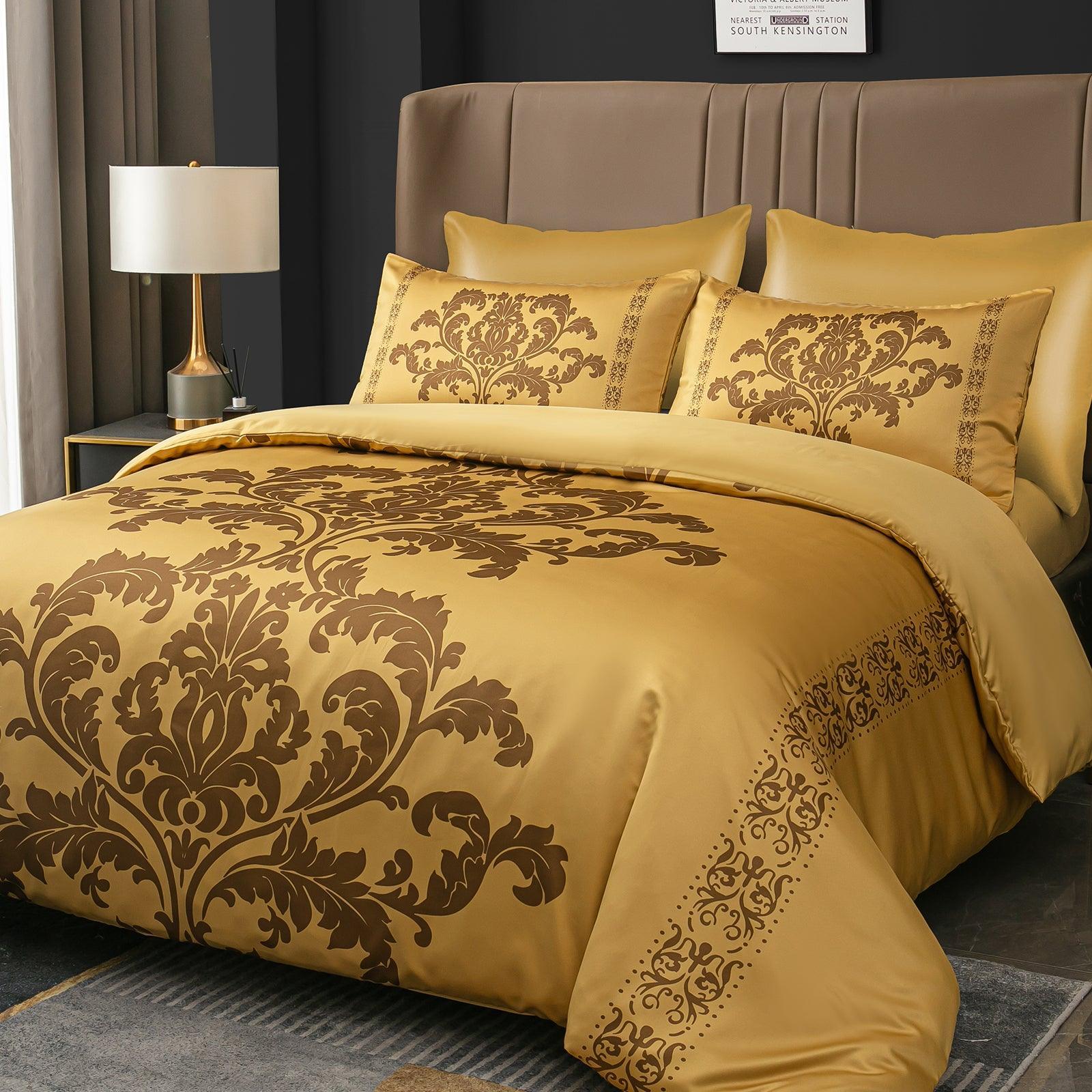 Lazzaro Duvet Cover Set-Damask (Gold Silk) - Pamposh