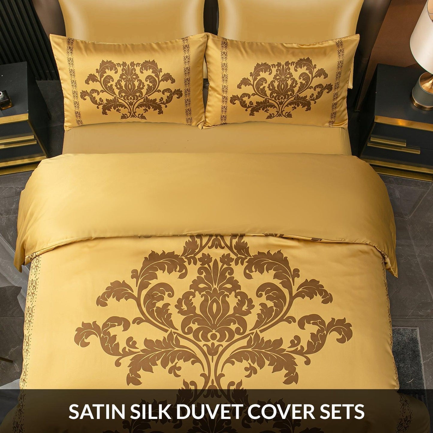 Lazzaro Duvet Cover Set-Damask (Gold Silk) - Pamposh