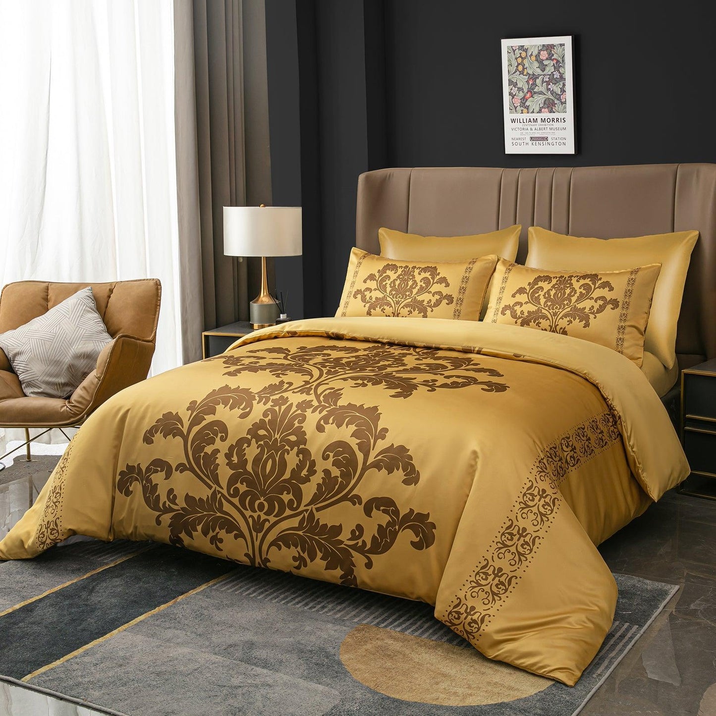 Lazzaro Duvet Cover Set-Damask (Gold Silk) - Pamposh