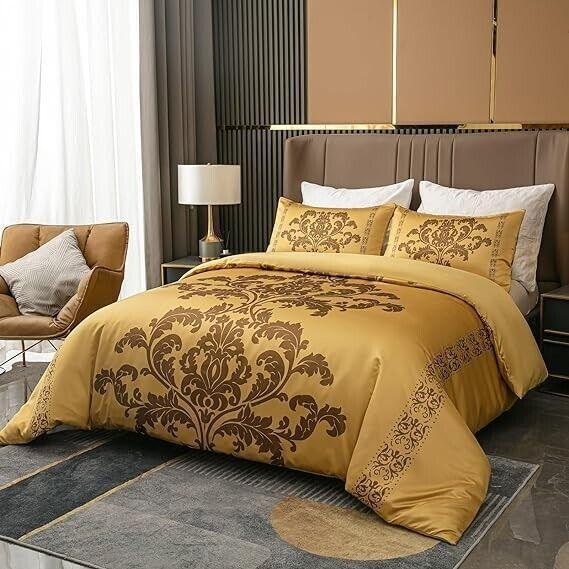 Lazzaro Duvet Cover Set-Damask (Gold Silk) - Pamposh