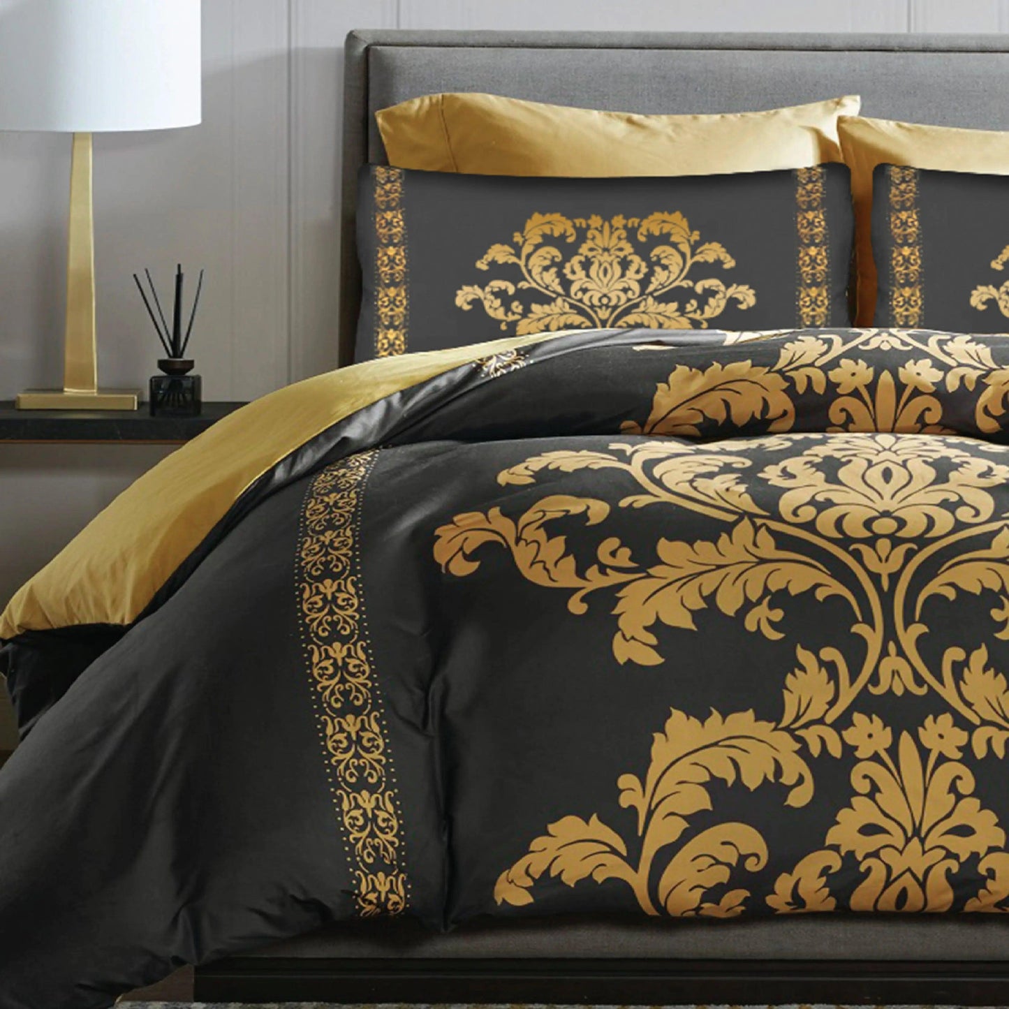 Lazzaro Duvet Cover Set-Damask (Black and Gold) Lazzaro