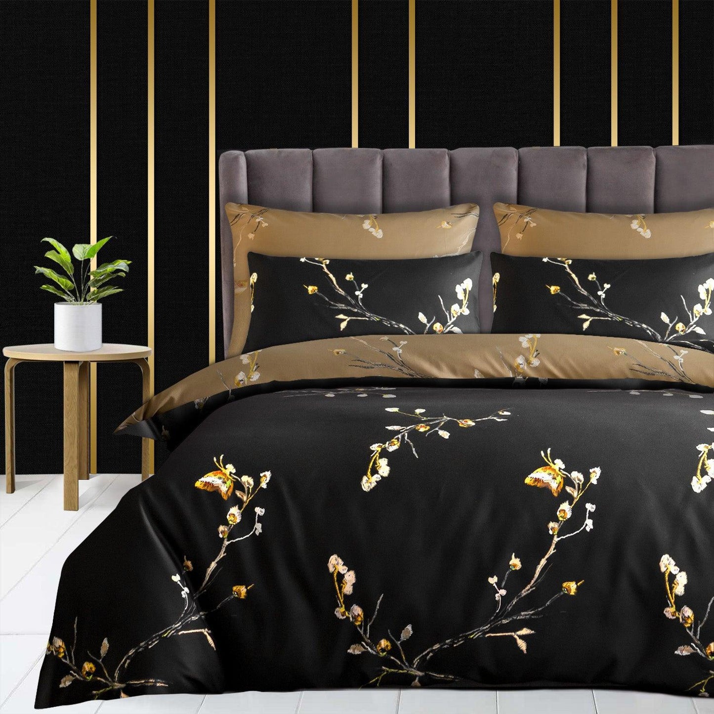 Lazzaro Duvet Cover Set-Coffee Beige (Black) - Pamposh