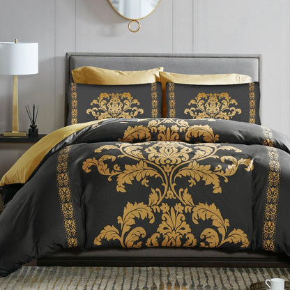 Lazzaro Duvet Cover Set-Damask (Black and Gold) - Pamposh