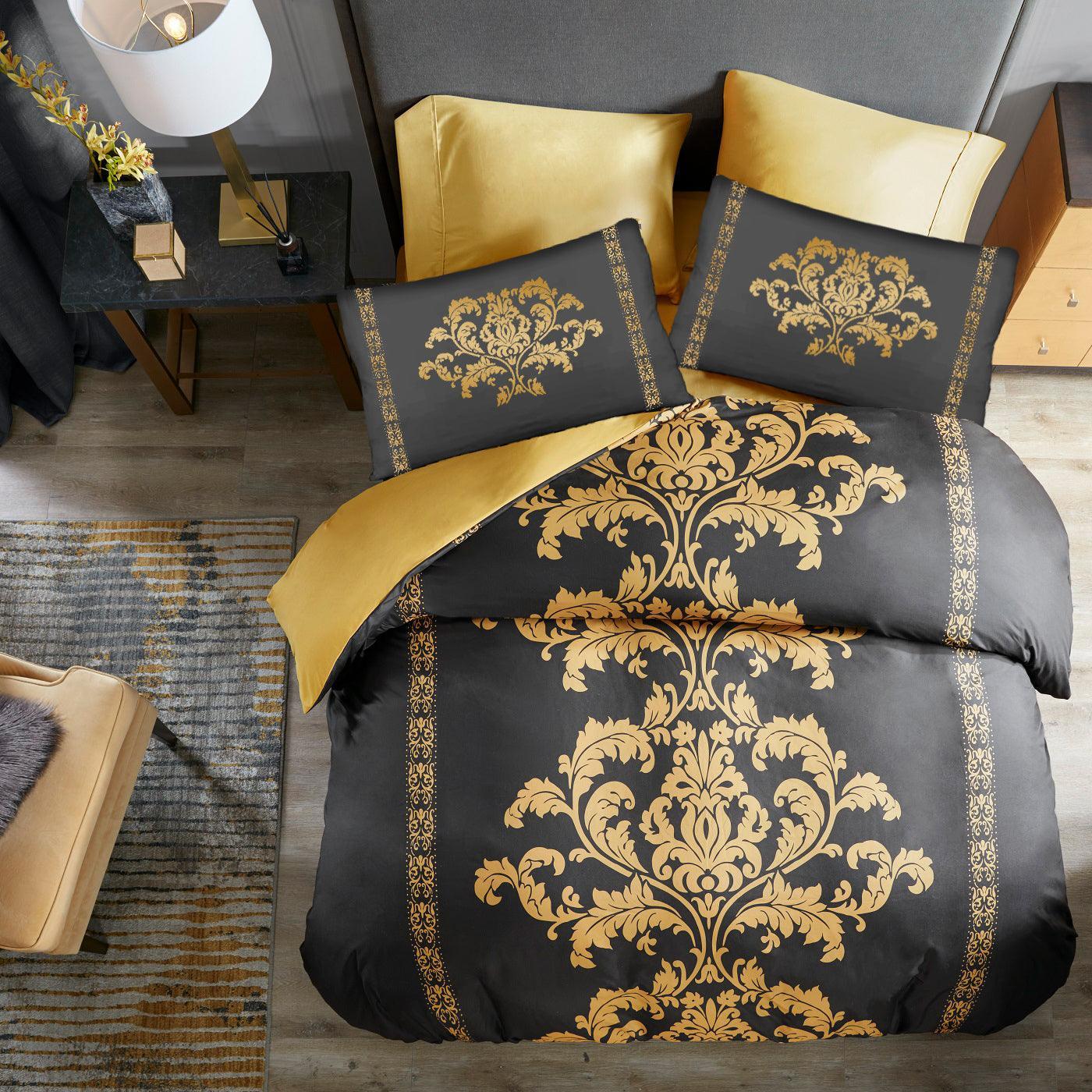 Lazzaro Duvet Cover Set-Damask (Black and Gold) - Pamposh